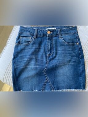 Dark Blue Denim Mini Skirt with Frayed Hem